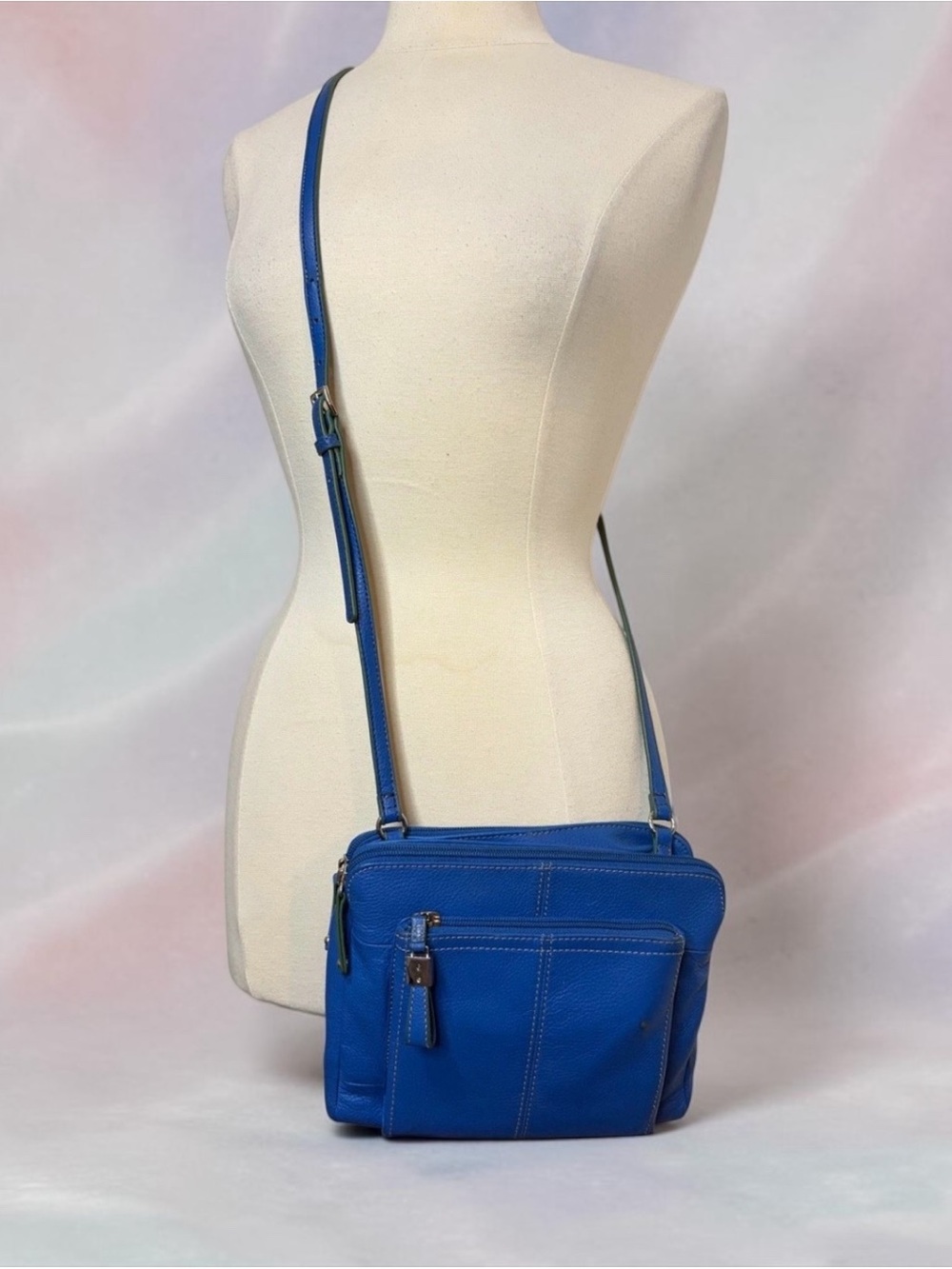 TIGNANELLO Blue Pebbled Leather Crossbody Organizer Bag